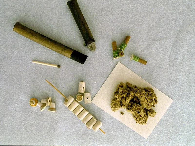 Traditional moxa: dried mugwort wool, sticks and cones